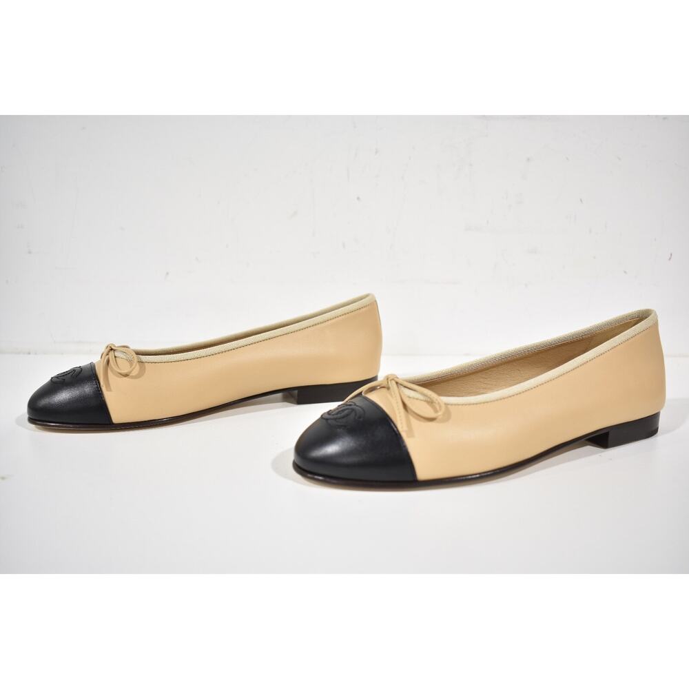 Chanel Beige Black Lambskin Leather CC Logo Bow Tie Ballet Ballerina Flat 36 - Picture 13 of 15
